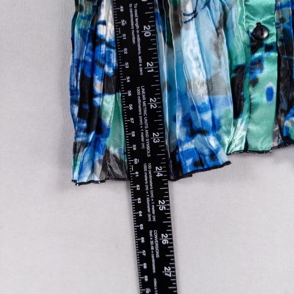 CATO Top Shirt Blouse Sz Medium Blue Green Satin Button Up Ruffles Crinkle Pleat - Picture 6 of 9